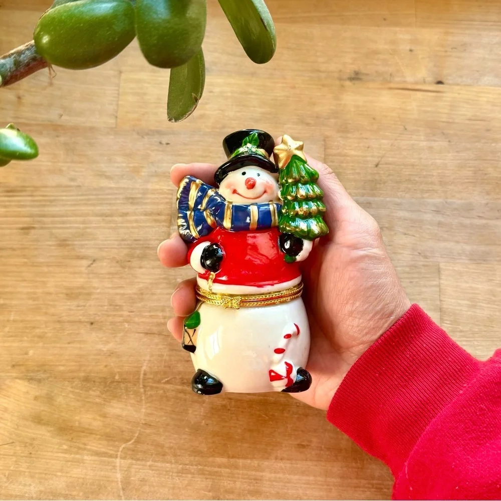 Vintage Ceramic Glazed Snowman Jewelry Trinket Box